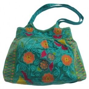 Tasche XXL Shopper Gipsy Ibiza Style Blumen-Stickerei Farbe dunkel grün