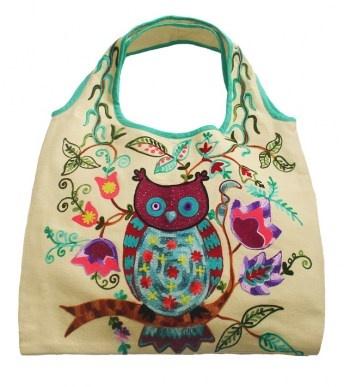 Tasche XXL Shopper Gipsy Ibiza Style - Eule und Blumen Stickerei