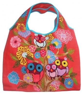  Tasche XXL Shopper Gipsy Ibiza Style - Eulen und Blumen Stickerei